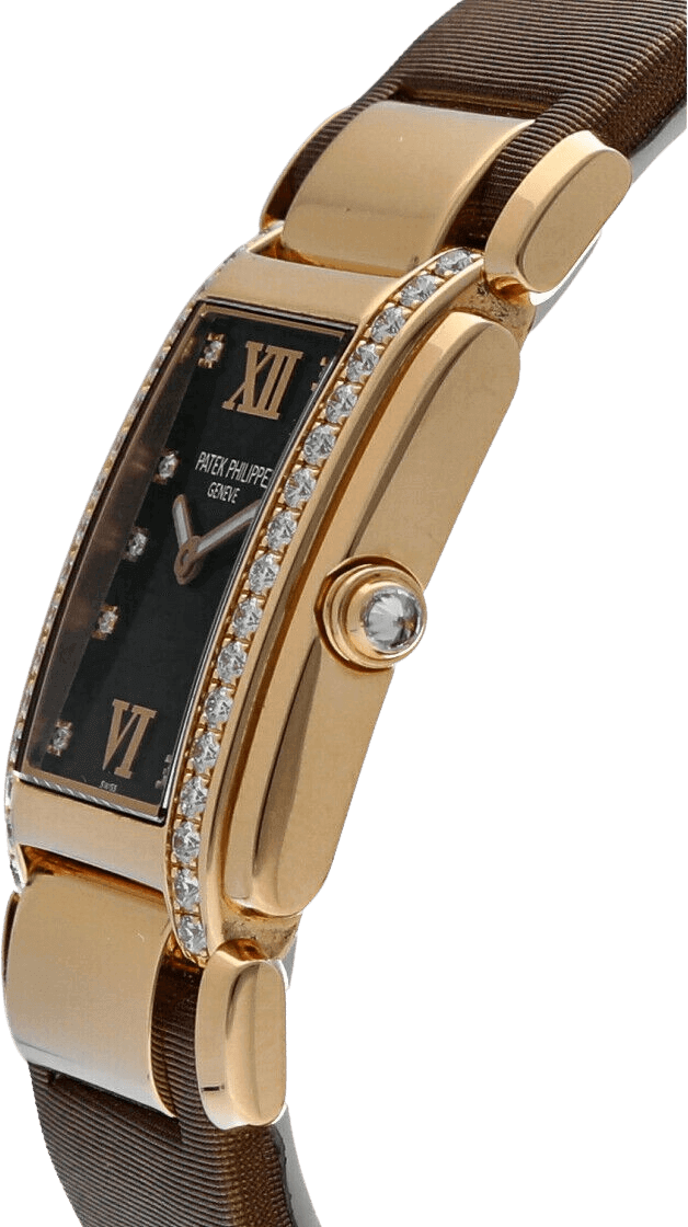 The New Generation Patek Philippe Twenty~4 Automatic Watch with blck face and gold accent.