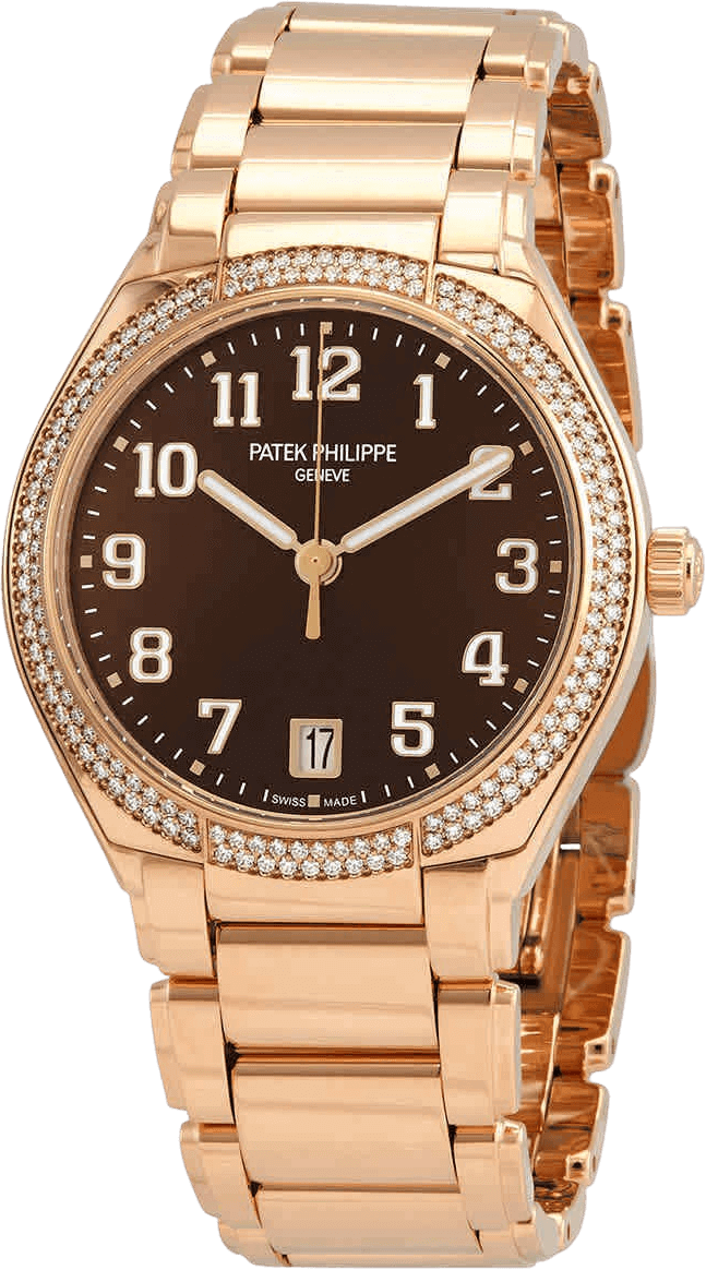 A golden Patek Philippe Twenty~4 watch with a brown face and gold accents.