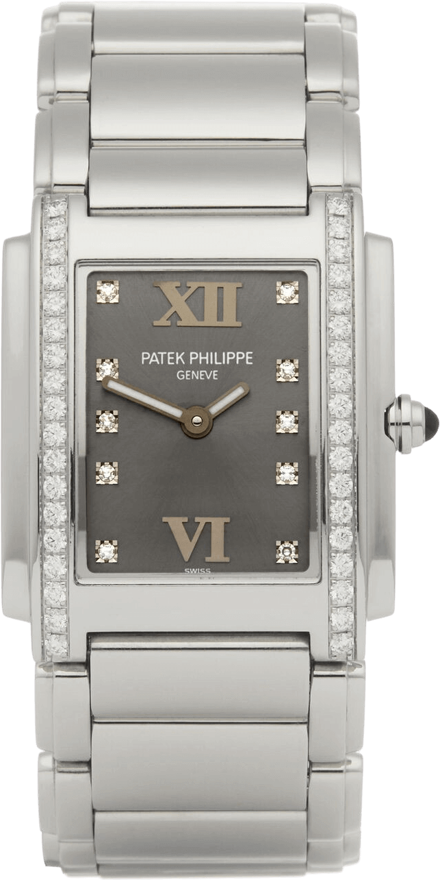 The Patek Philippe Twenty~4 watch with a grey face and silver accents
