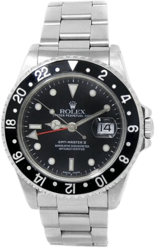 A silver Third Generation: GMT-Master II 11671x watch with a black face and silver accents.