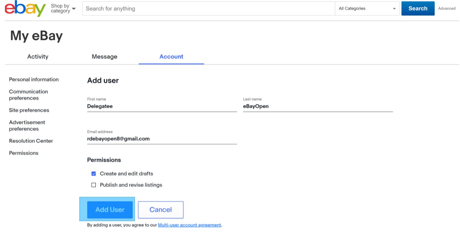 Screenshot of My eBay Account Add User page