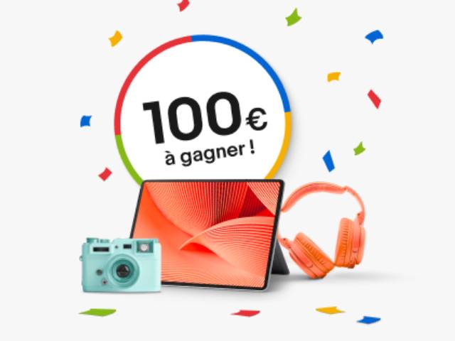 Cercle central avec du texte indiquant '100€ à gagner !', entouré de confettis colorés. Images de produits en bas de l'image : un appareil photo turquoise, une tablette, et un casque audio orange.