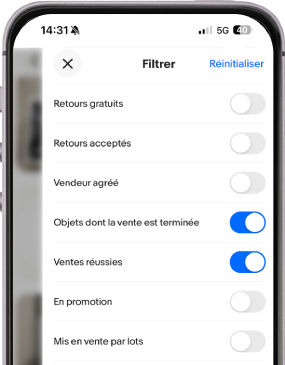 Un écran de portable sur lequel on peut voir une liste de filtres de recherche. 'Objets dont la vente est terminée' et 'Ventes réussies' sont activés.