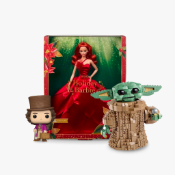 Poupée Barbie de Noël, vêtue d'une robe rouge festive, Holiday Barbie. Figurine Funko Pop de Willy Wonka avec un haut-de-forme et une canne. Figure en LEGO de Grogu, aussi connu sous le nom de Bébé Yoda, tenant une petite boule.