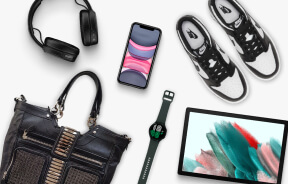 A smartwatch, headphones, handbag, smartphone, sneaker shoes and a tablet
