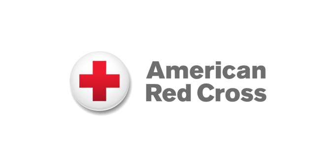The American Red Cross logo, which is a white button with a red cross in the middle. To the right is the name in gray front, American Red Cross.