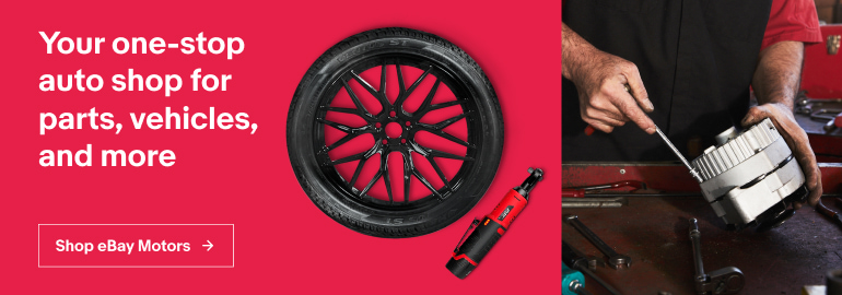 Image of a black vehicle wheel with a low profile tire and a red and black pneumatic wrench; and a cropped image of a man wearing a red and black shirt working on an alternator on top of a work surface with various tools.