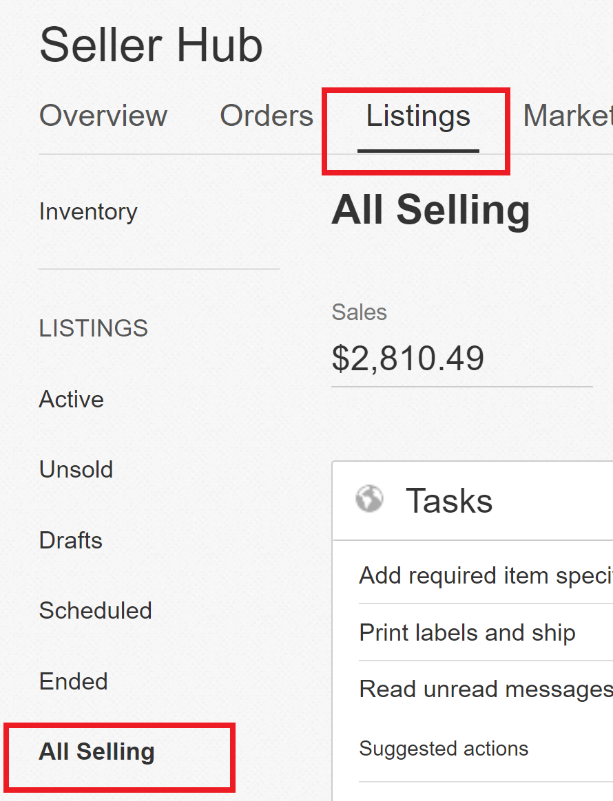 Seller Hub | Listings | All Selling