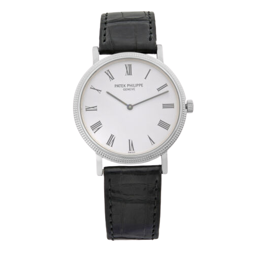 A silver Patek Philippe watch with black leather straps and white dial.