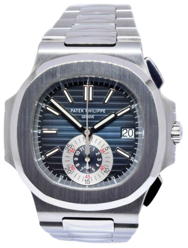 A silver Patek Philippe watch with a blue face and silver accents.