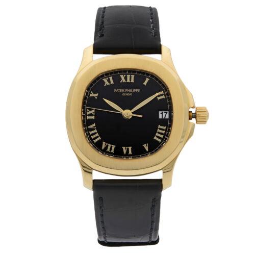 A gold Patek Philippe watch with a gold accents.