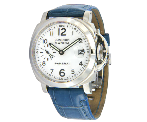 A Panerai watch with a silver face and blue strap.