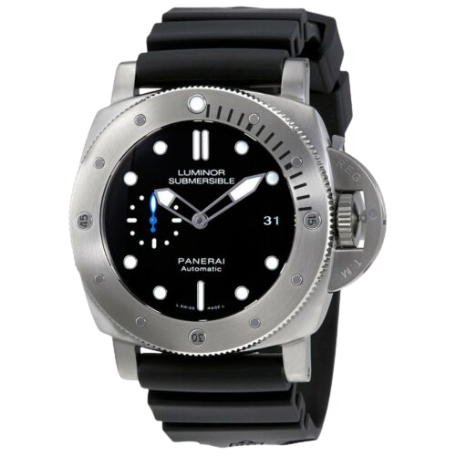 A Panerai submersible watch with a silver face and black strap.