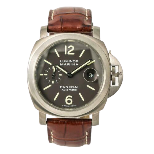 A Panerai watch with a brown leather strap.