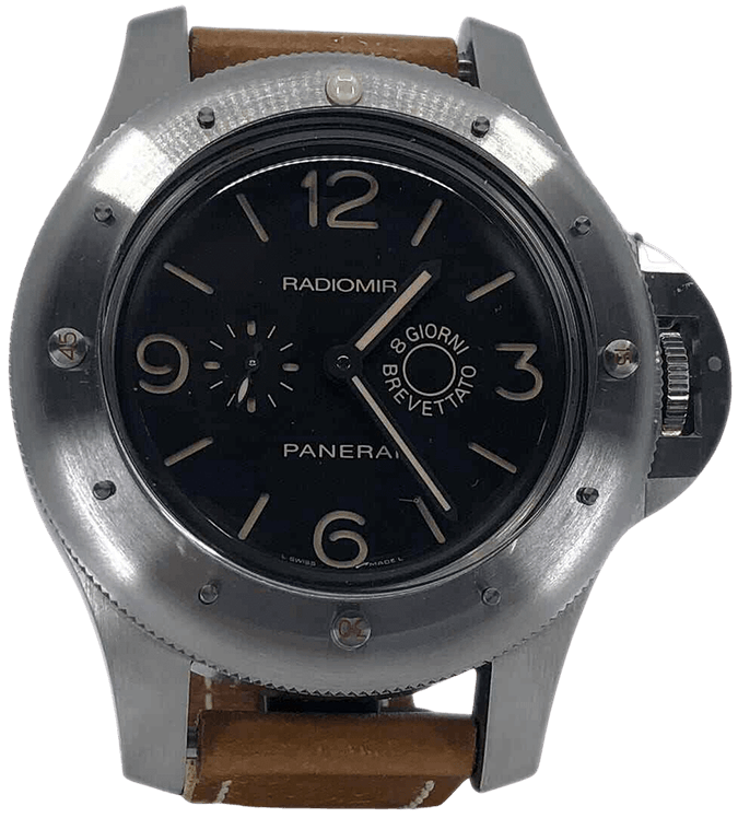 A brown leather Panerai Radiomir Titanium watch.