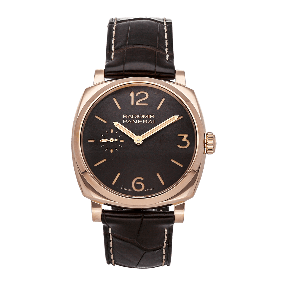 A black leather Panerai Radiomir Rose Gold watch.