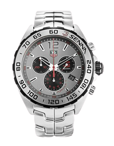 Silver TAG Heuer watch with black face and silver markings