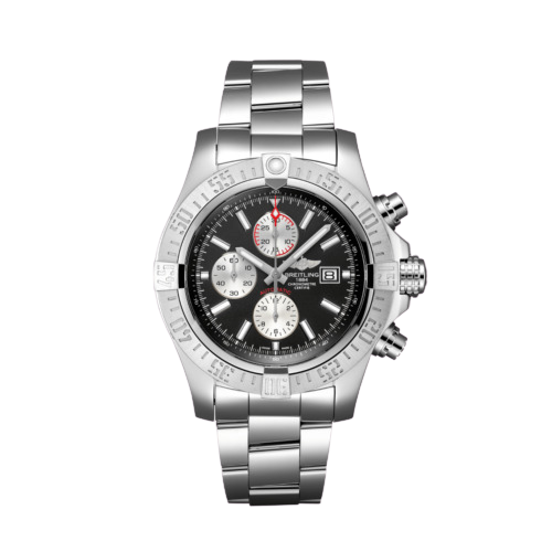 A breitling watch with 45 mm and 12-o-clock feature.