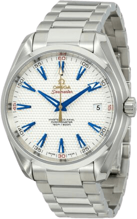 A silver Aqua Terra Ryder watch with a white face and blue accents.