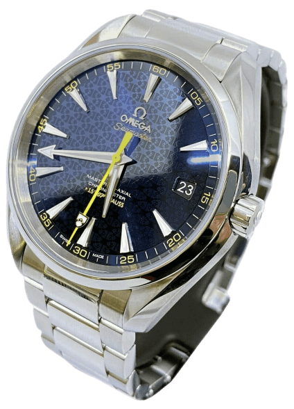 Aqua Terra with a blue face and gold accents bond's wrist watch.