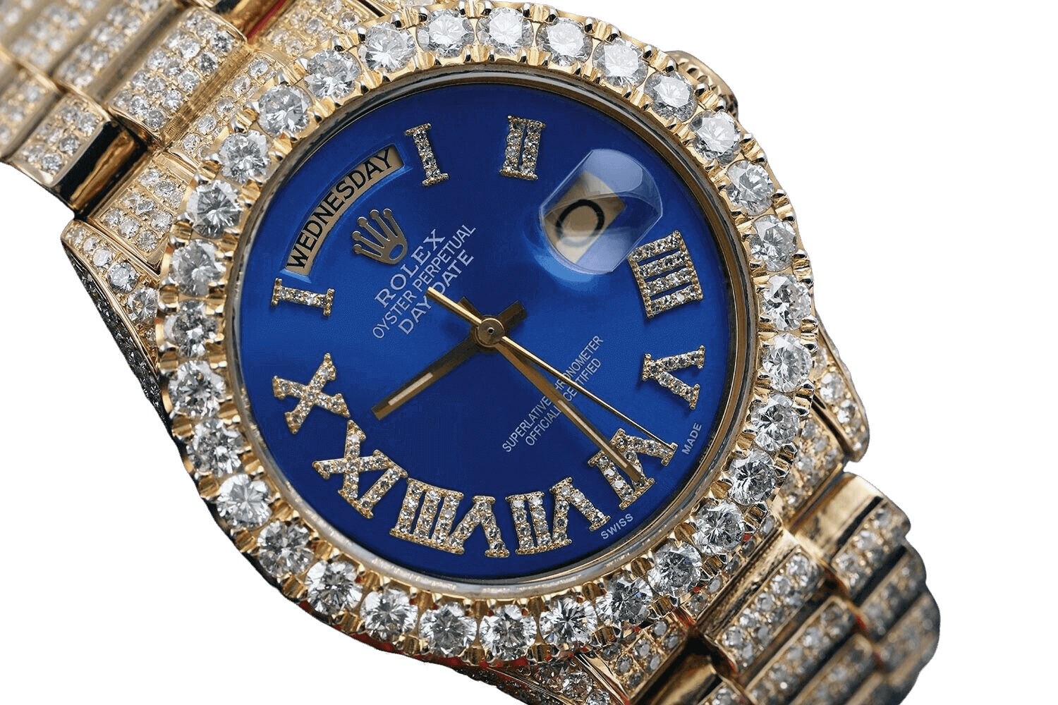 A golden Rolex watch with a blue  dail.