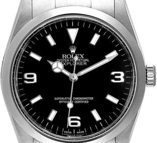 A silver Rolex watch with a black face and silver accents.