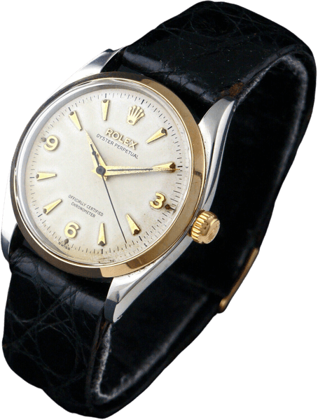 A black leather Rolex watch with a white face and gold accents.