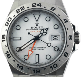 Silver Rolex Oyster Perpetual Explorer watch with white face