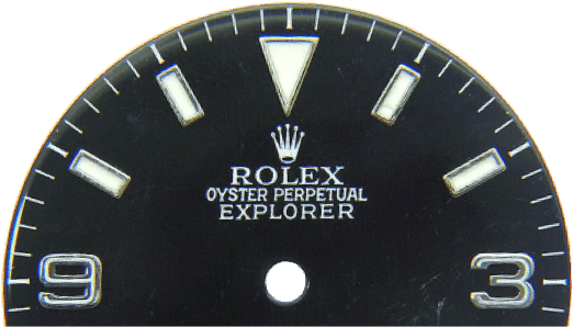 Black Rolex Oyster Perpetual Explorer watch face with white markings