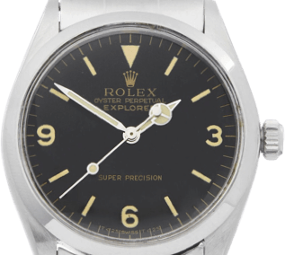 A silver Rolex watch with a black face and gold accents.