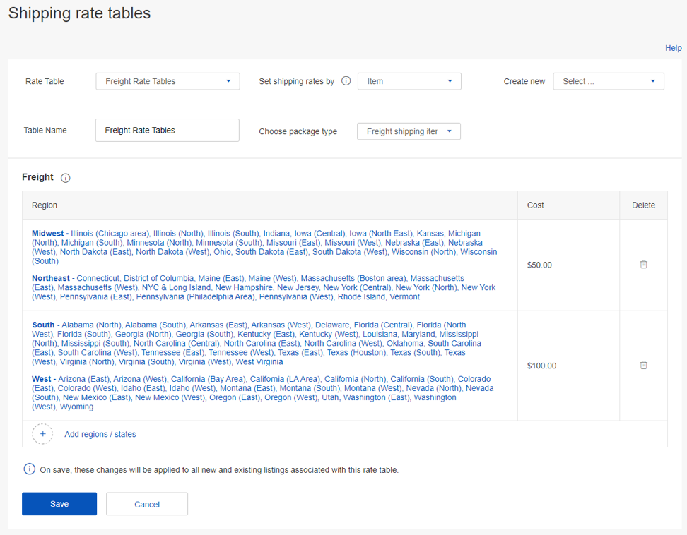 Shipping rate tables