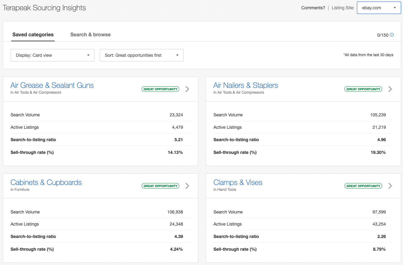 Terapeak Sourcing insights dashboard screenshot with some categories marked as "Great Opportunity"