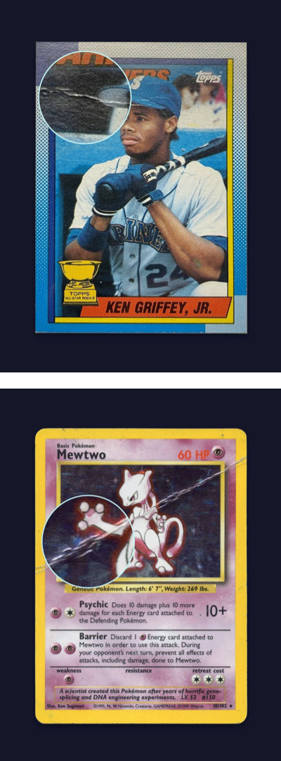 Haut : une carte de baseball sur un fond noir avec un cercle agrandi sur un pli présent sur la photo. Bas : une carte Pokémon sur un fond noir avec un cercle agrandi sur la photo du personnage.
