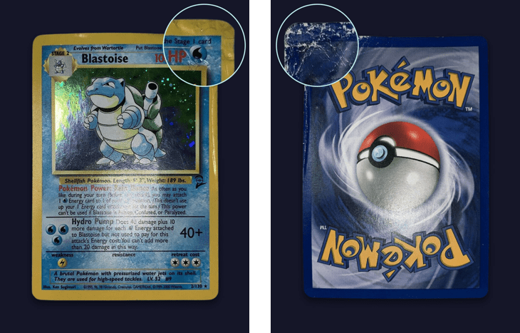 Gauche : une carte Pokémon sur un fond noir avec un cercle agrandi dans le coin supérieur droit de la carte. Droite : l'arrière d'une carte Pokémon sur un fond noir avec un cercle agrandi dans le coin supérieur gauche de la carte.