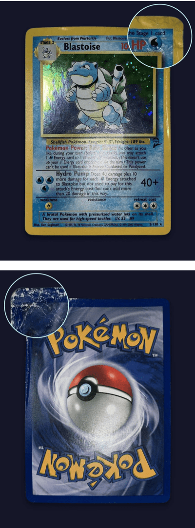 Haut : une carte Pokémon sur un fond noir avec un cercle agrandi dans le coin supérieur droit de la carte. Bas : l'arrière d'une carte Pokémon sur un fond noir avec un cercle agrandi dans le coin supérieur gauche de la carte.