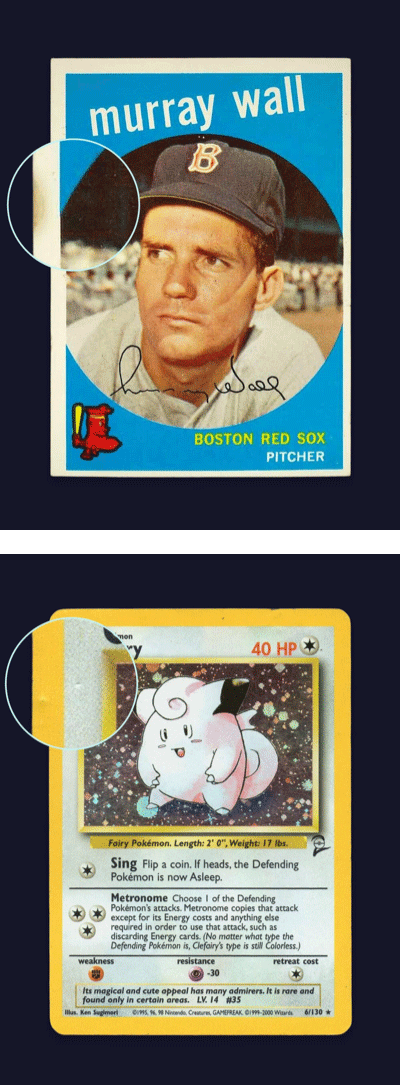 Haut : une carte de baseball sur un fond noir avec un cercle agrandi sur la bordure gauche de la carte. Bas : une carte Pokémon sur un fond noir avec un cercle agrandi sur la bordure supérieure gauche de la carte.