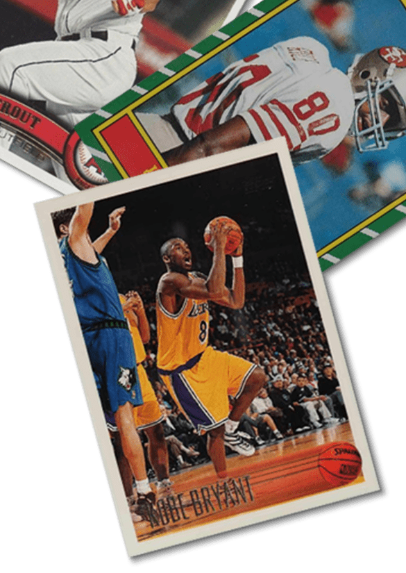 Three sports trading cards featuring a basketball player, a football player, and a baseball player fanned out on a bright lime green background.