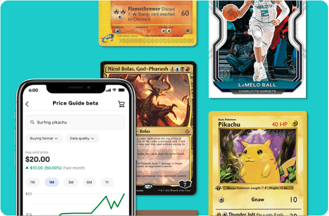A sports, a Magic: The Gathering, and a Pokémon trading card along with a cell phone displaying the Trading Cards Price Guide beta screen on a teal background.