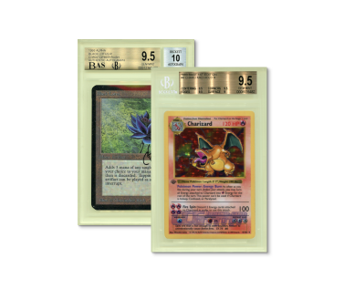 A Pokémon and Magic: The Gathering trading card in plastic sleeves.