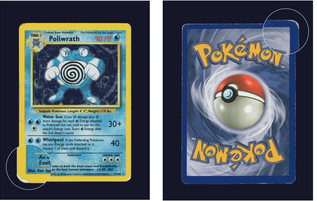 Pokémon card with a magnified front bottom left corner and with a magnified back top right corner. 