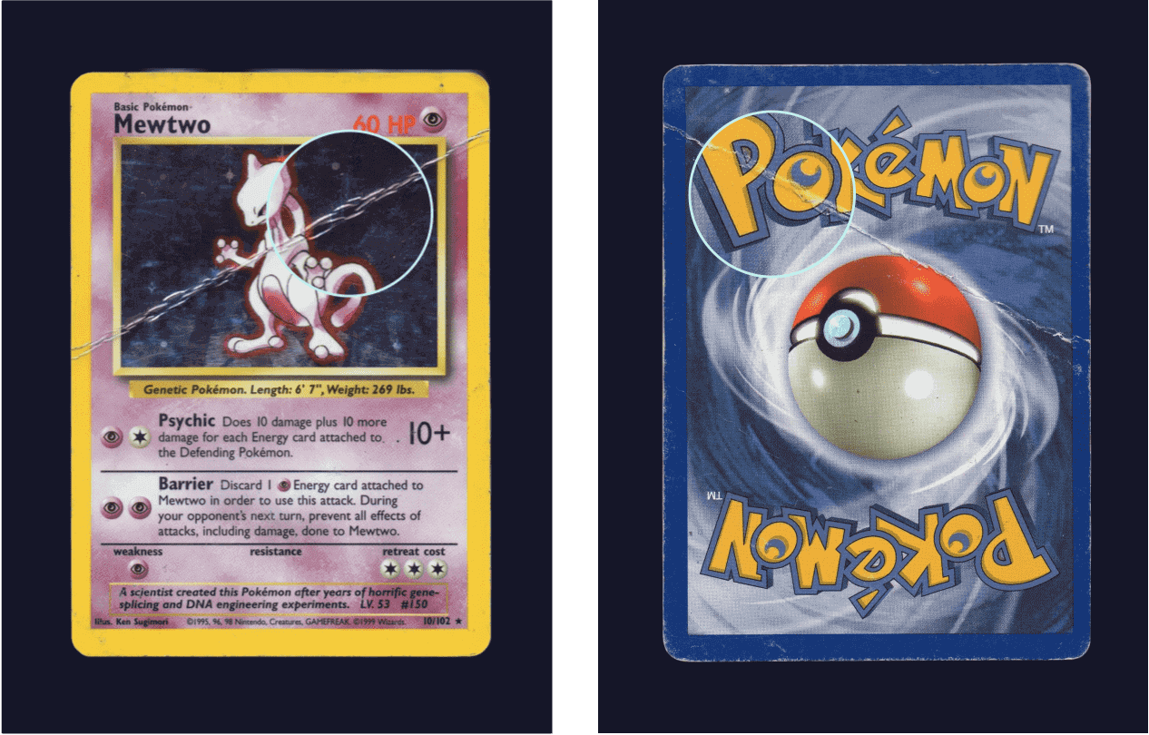 Front and back of a Pokémon card with magnified creases. 