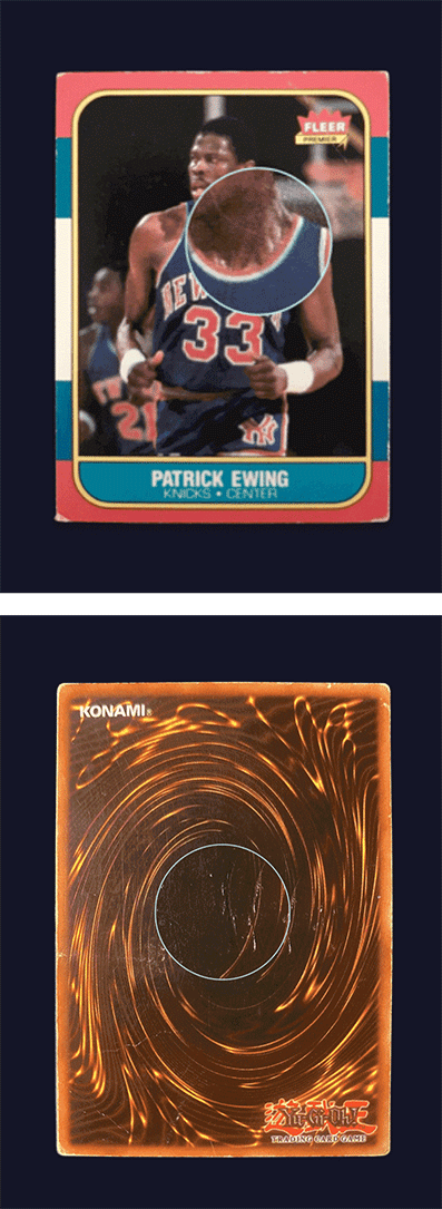 A basketball card and a Yu-Gi-Oh! card with magnified scratches. 