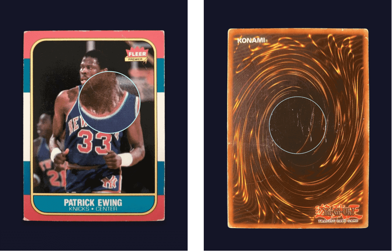A basketball card and a Yu-Gi-Oh! card with magnified scratches. 