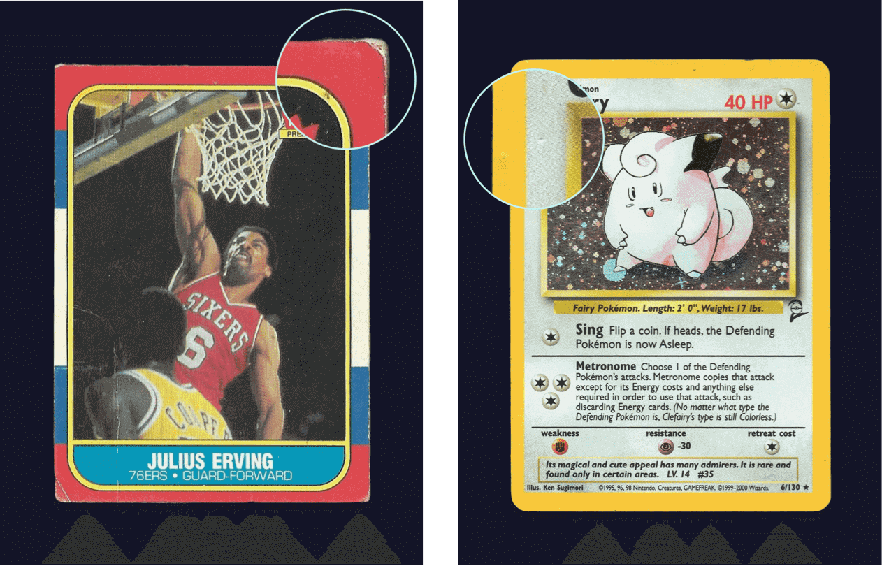A basketball card with magnified corner chipping and a Pokémon card with magnified dents.