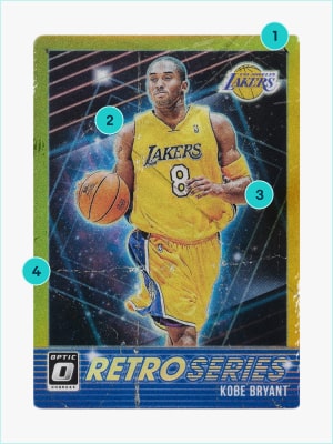 A Poor condition Kobe card with signs of wear marked as 1, 2, 3, 4.