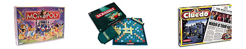 monopoly, scrabble, cluedo, risk, trivial pursuit