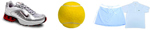 tennis racquets, tennis balls, tennis apparel, tennis bags