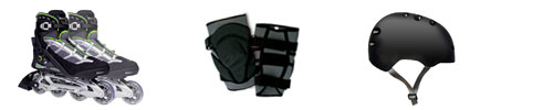 rollerblades, inline skates, roller skates, knee pads, elbow guards, 