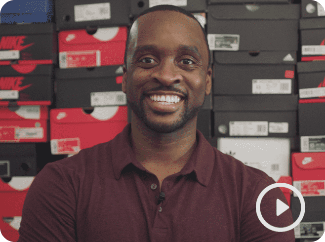 Video thumbnail of Yinka Ogunsunlade smiling in front of a wall of shoe boxes.