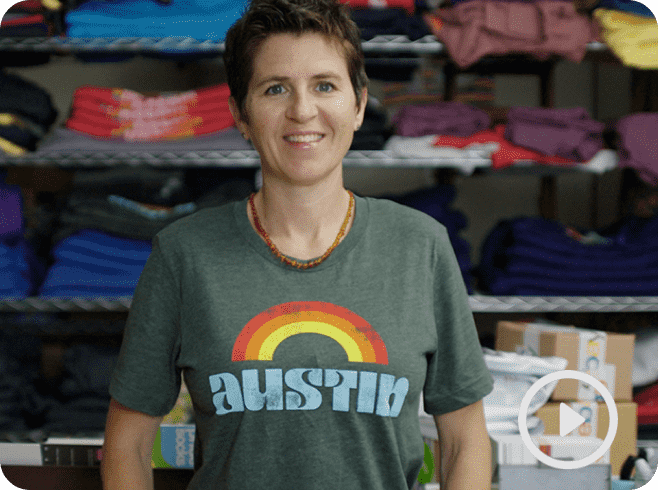 Video thumbnail of Rachel Smith wearing a colourful rainbow tshirt.